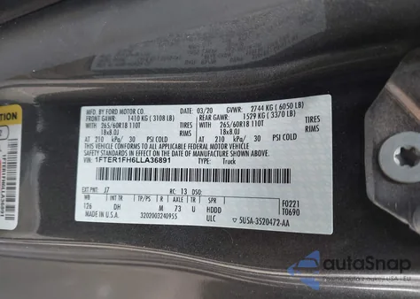 2020 Ford Ranger Lariat from USA, damaged, VIN 1FTER1FH6LLA36891